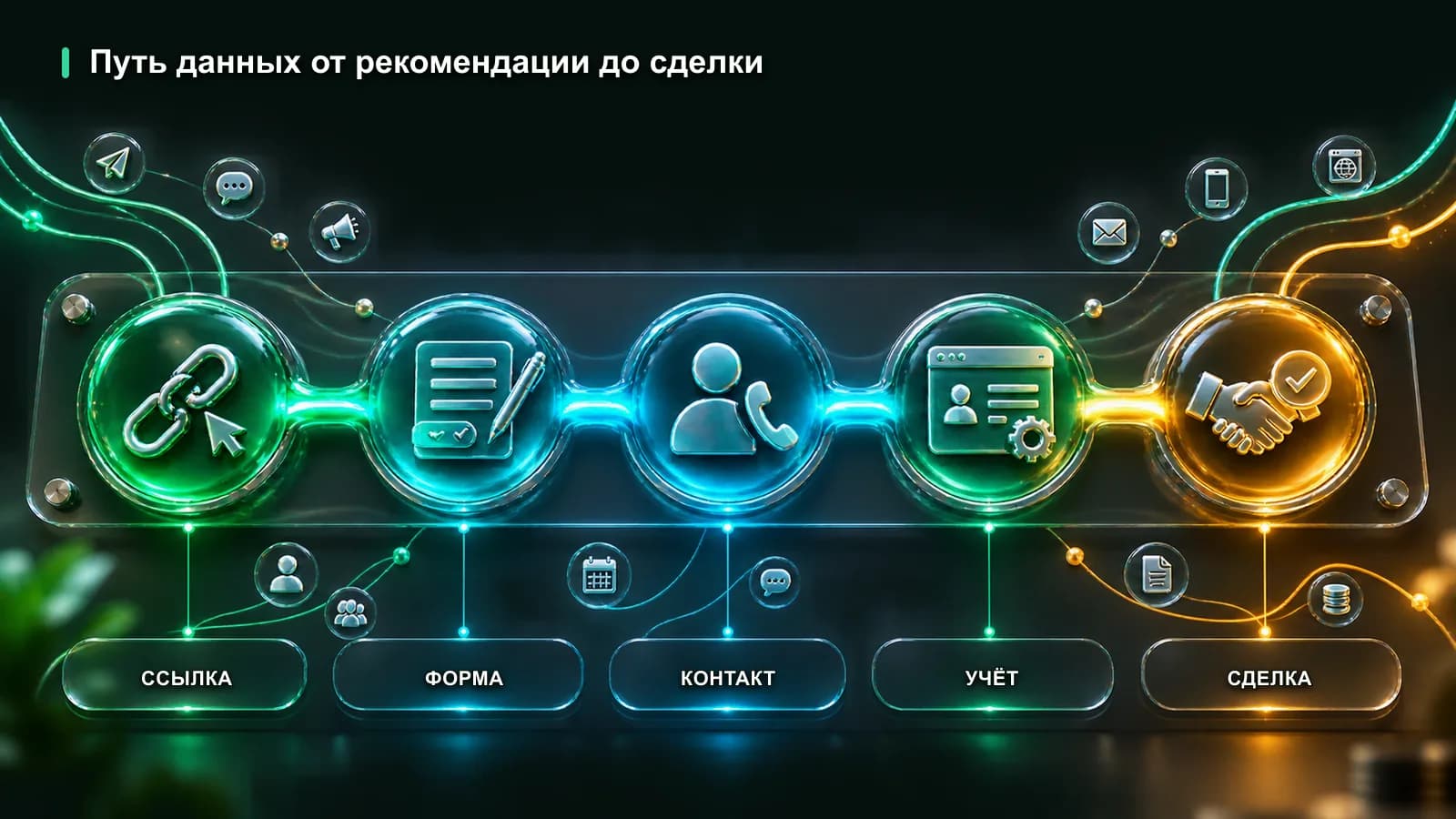 Путь данных от реферальной ссылки через CRM к начислению